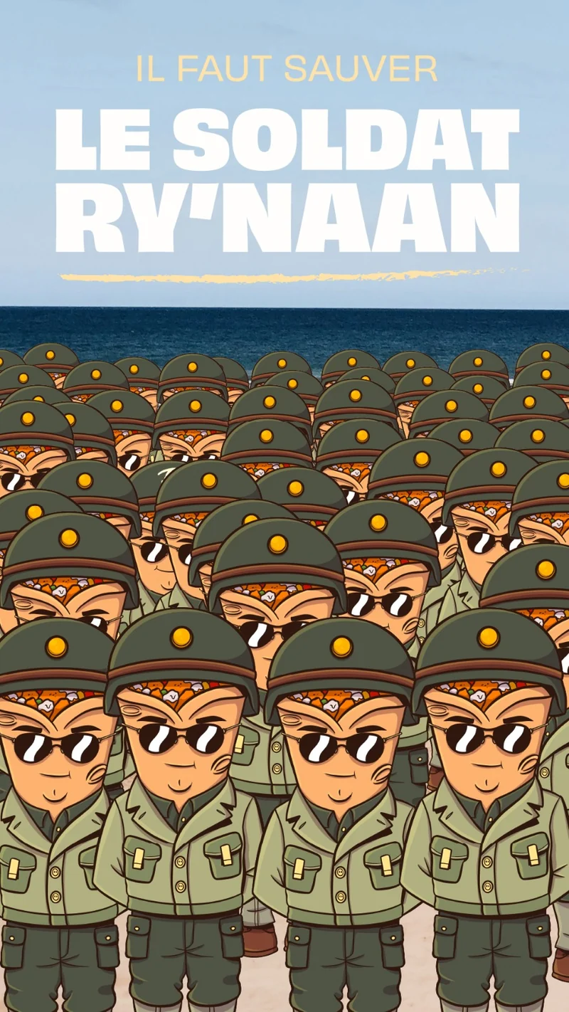 Affiche illustrée NBK « Il faut sauver le soldat Ry’Naan » : des rangées de soldats dessinés dont le crâne est un naan garni, casque vert et lunettes de soleil, alignés sur une plage face à la mer