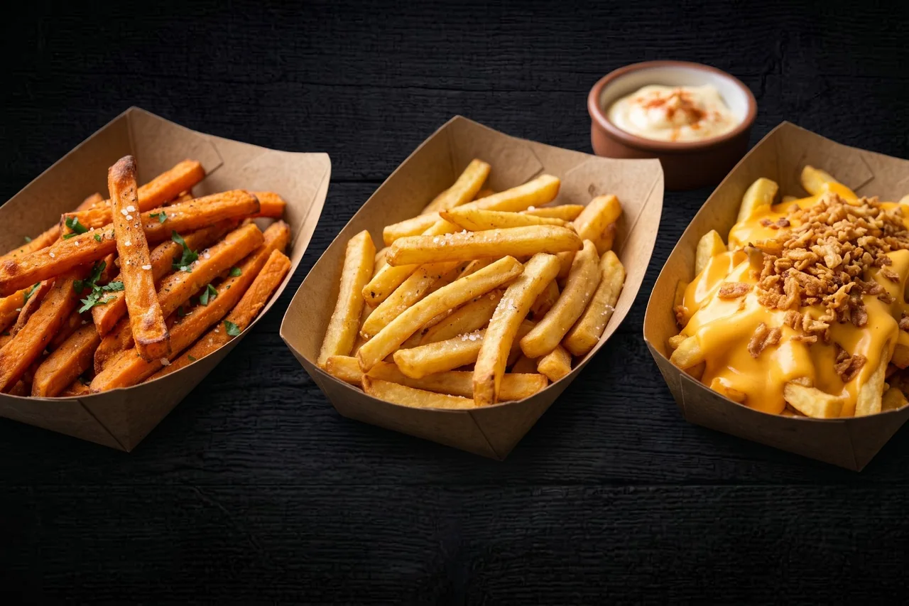Trois barquettes de frites NBK : frites de patate douce, frites classiques, et cheezy frites nappées de cheddar et d’oignons frits
