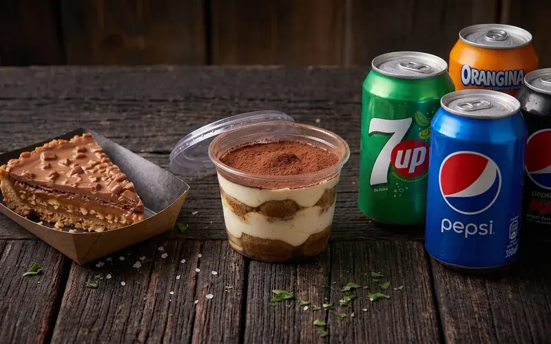 Une part de tarte au caramel et au chocolat, un tiramisu en pot et des canettes de soda sur une table en bois