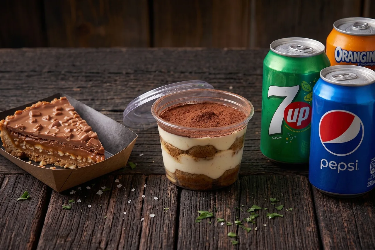 Une part de tarte au caramel et au chocolat, un tiramisu en pot et des canettes de soda sur une table en bois