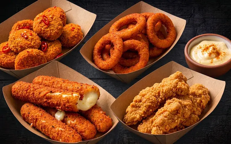 Quatre barquettes de finger food NBK : spicy cheese au piment, onion rings, mozza sticks coulants et tenders de poulet