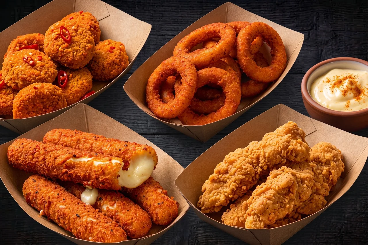 Quatre barquettes de finger food NBK : spicy cheese au piment, onion rings, mozza sticks coulants et tenders de poulet