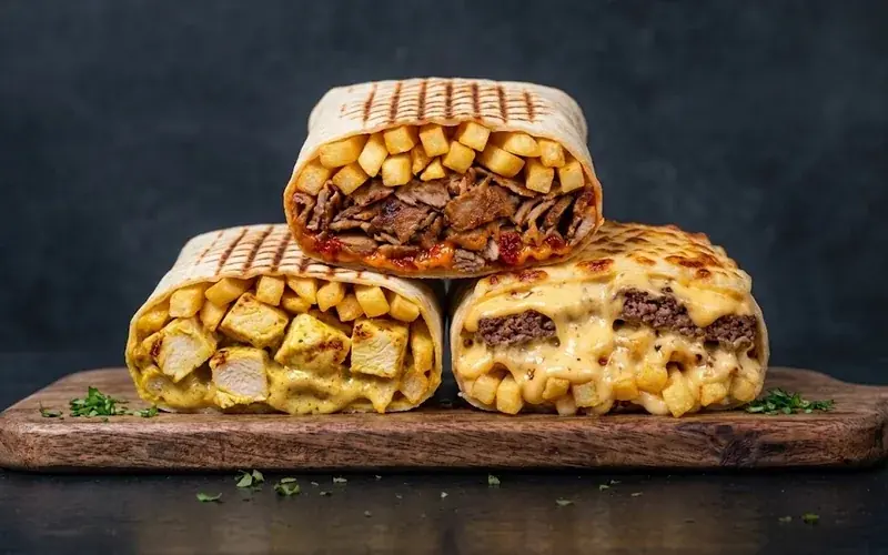 Trois french tacos NBK coupés en deux, empilés sur une planche en bois : chicken india, kebab, et steak sous la sauce fromagère, tous garnis de frites