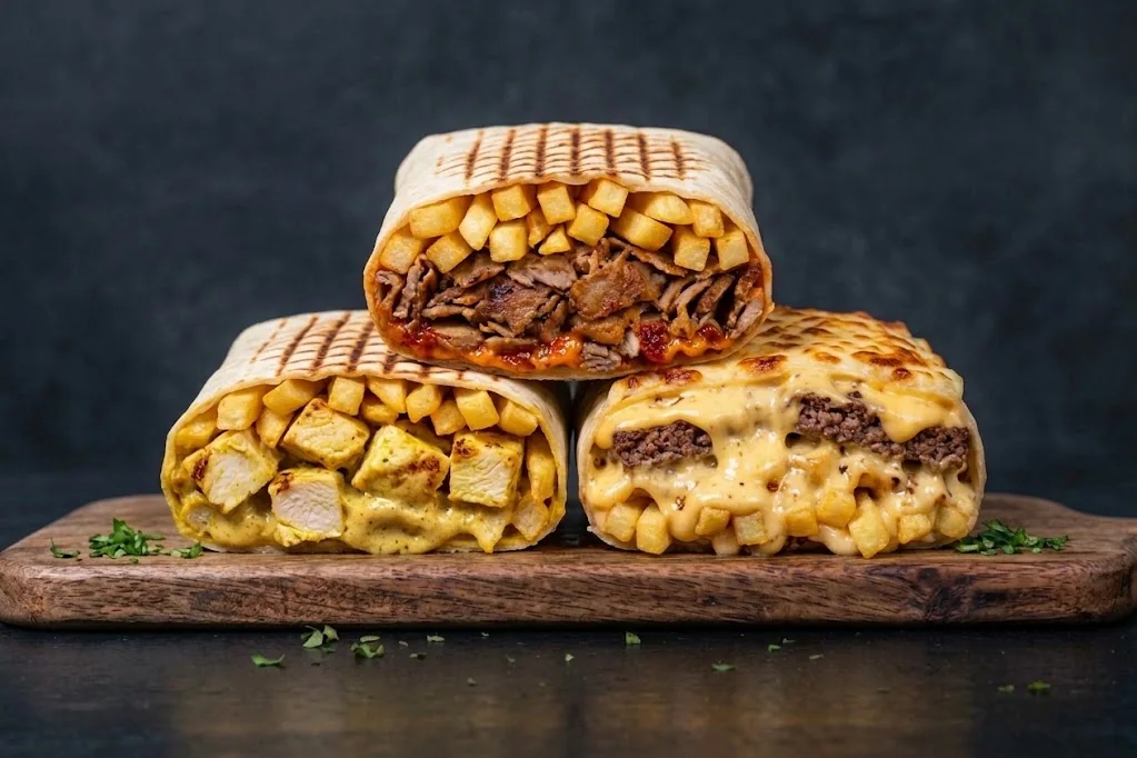 Trois french tacos NBK coupés en deux, empilés sur une planche en bois : chicken india, kebab, et steak sous la sauce fromagère, tous garnis de frites