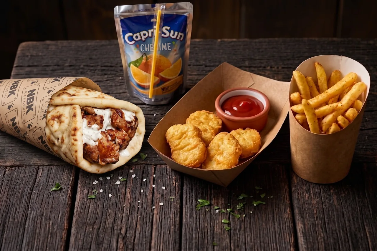 Le menu enfant NBK : un petit naan kebab sauce blanche dans son papier siglé, des nuggets et du ketchup, des frites et un Capri-Sun