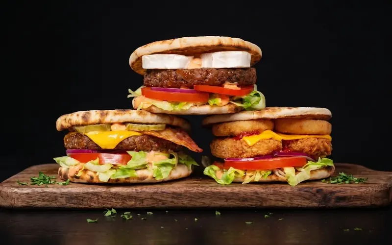 Trois naan burgers NBK sur une planche en bois : cheeseburger au bacon, burger au chèvre, et poulet croustillant aux onion rings
