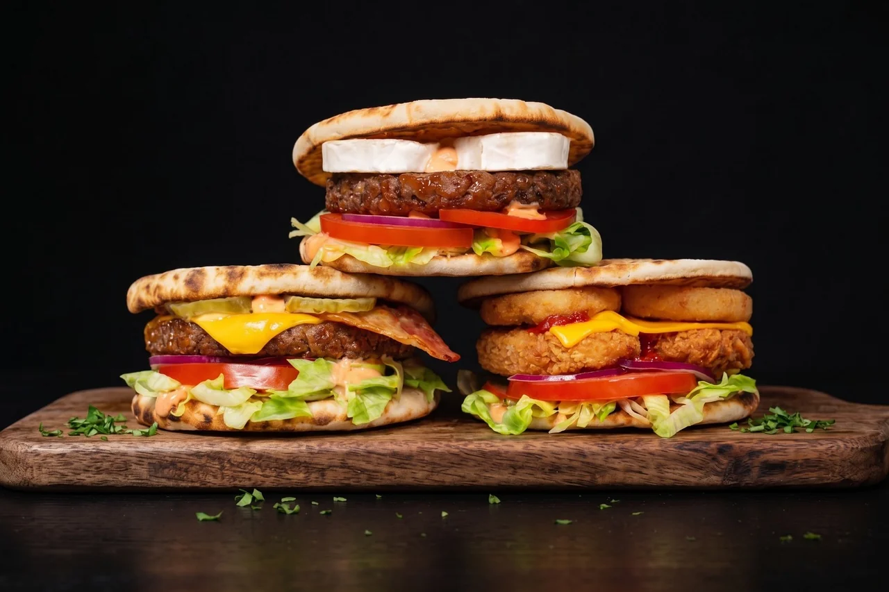 Trois naan burgers NBK sur une planche en bois : cheeseburger au bacon, burger au chèvre, et poulet croustillant aux onion rings