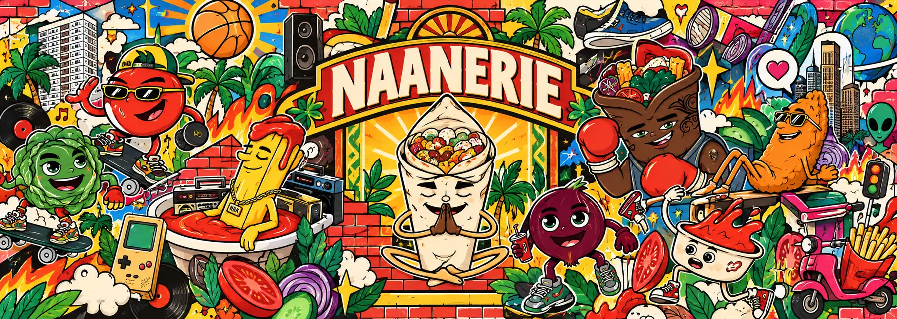 Fresque NBK : le naan en méditation au centre sous l’enseigne Naanerie, entouré des mascottes de la marque — la tomate, la salade, la frite, l’oignon, la sauce, le chicken tender et le Naan Tyson