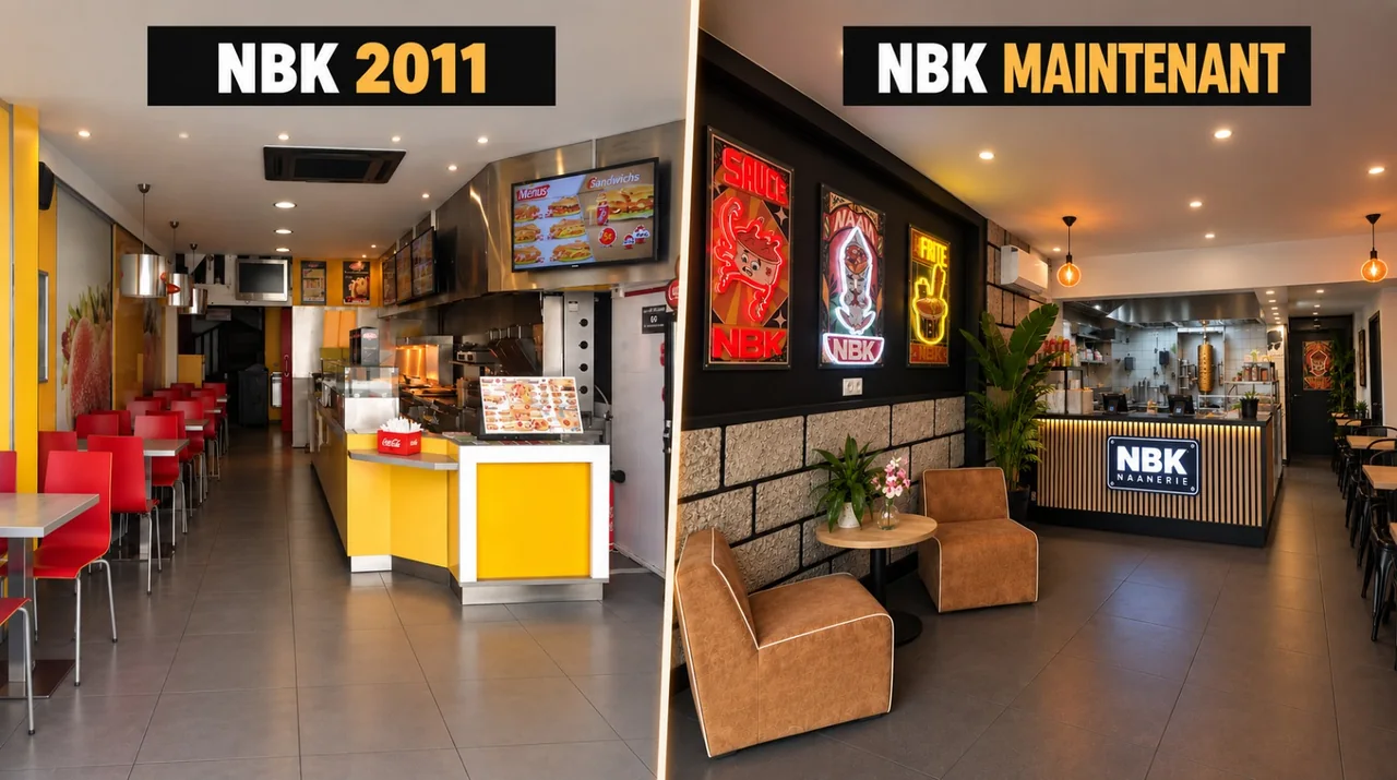 Deux salles NBK côte à côte, légendées « NBK 2011 » et « NBK maintenant » : à gauche le fast-food d’origine, ses chaises rouges et son comptoir jaune ; à droite la Naanerie d’aujourd’hui, ses affiches en néon et son comptoir NBK Naanerie