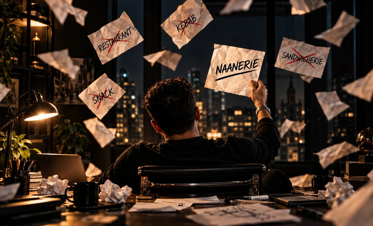 Un homme assis à son bureau, la nuit, brandit une feuille où est écrit « Naanerie » ; autour de lui volent des feuilles barrées de rouge — « restaurant », « kebab », « snack », « sandwicherie »