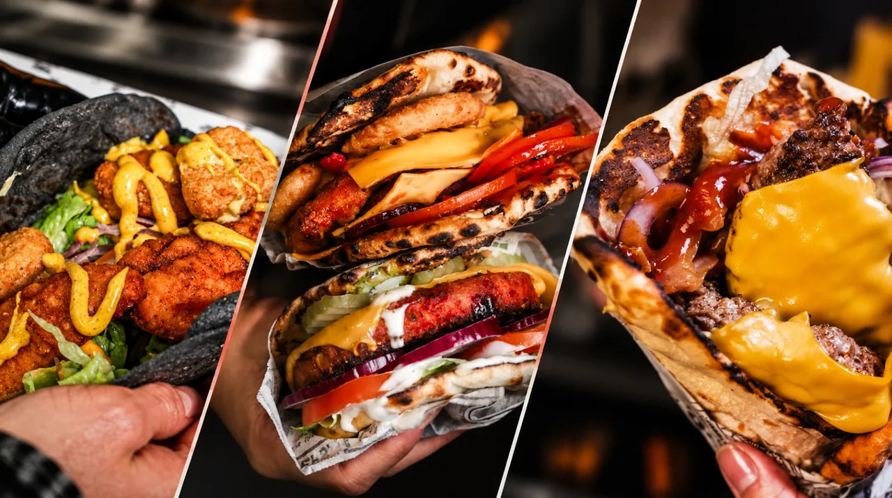 Trois recettes NBK tenues à la main, côte à côte : un pain noir garni de falafels et de poulet croustillant, deux naans au cheddar fondu et aux poivrons, et un naan au steak haché nappé de cheddar