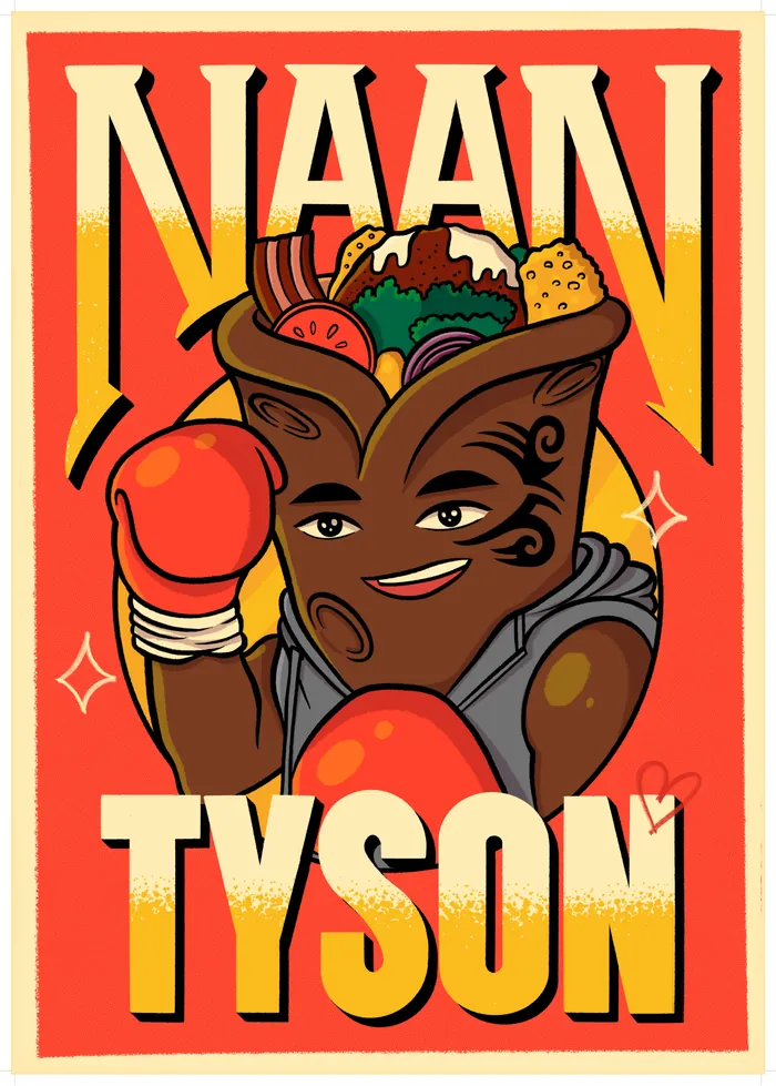 Affiche illustrée NBK : le Naan Tyson, un naan boxeur gants aux poings