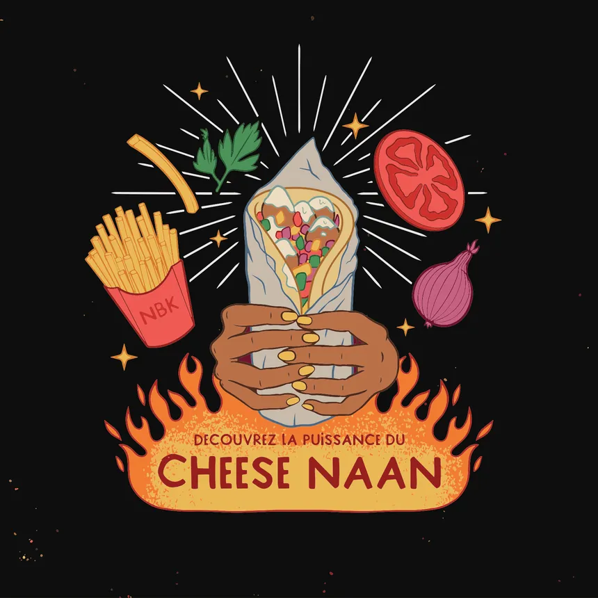 Illustration NBK sur fond noir : deux mains tiennent un cheese naan au-dessus des flammes